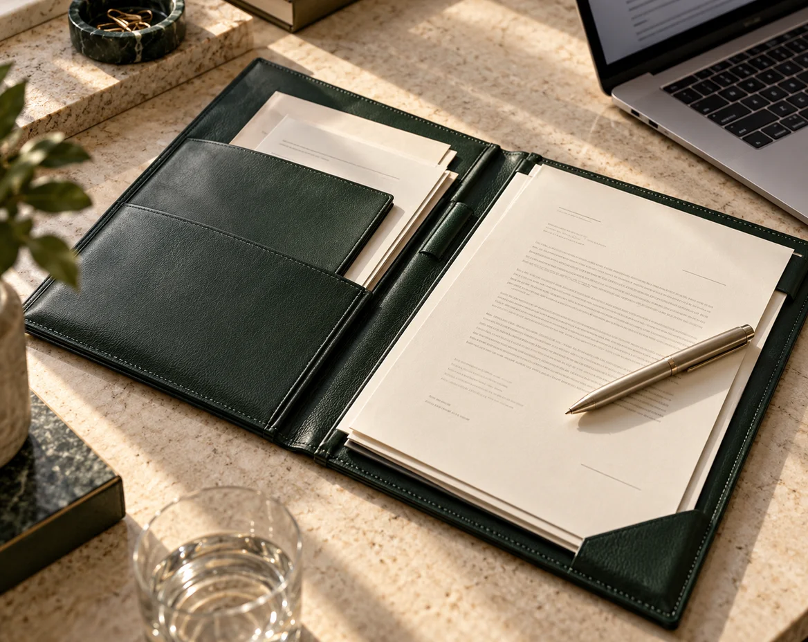 Legal documents and a green leather folio on a sunlit desk